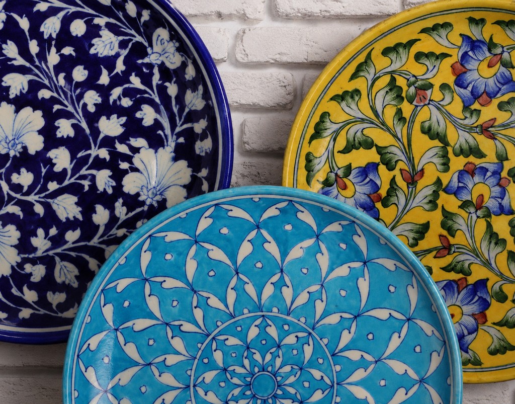 Blue and yellow handcrafted plate collection