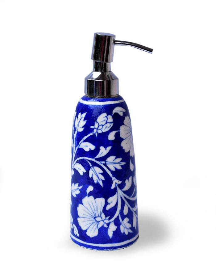 Blue pottery floral soap dispenser
