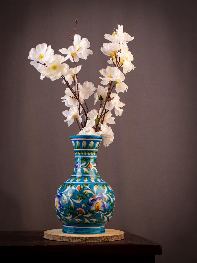 Turquoise floral surahi vase with white flowers