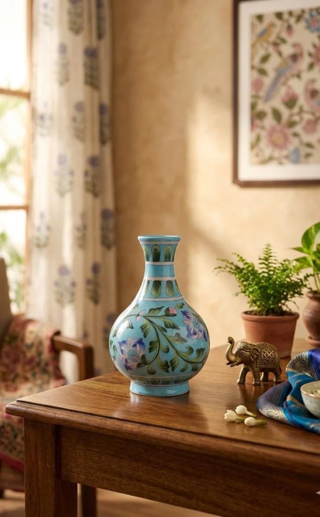 Turquoise surahi vase styled on wooden table