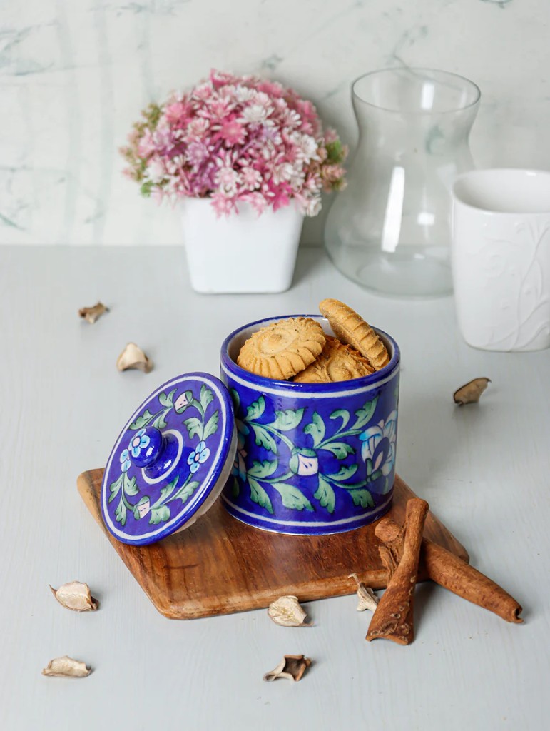 Turquoise floral storage jar with lid
