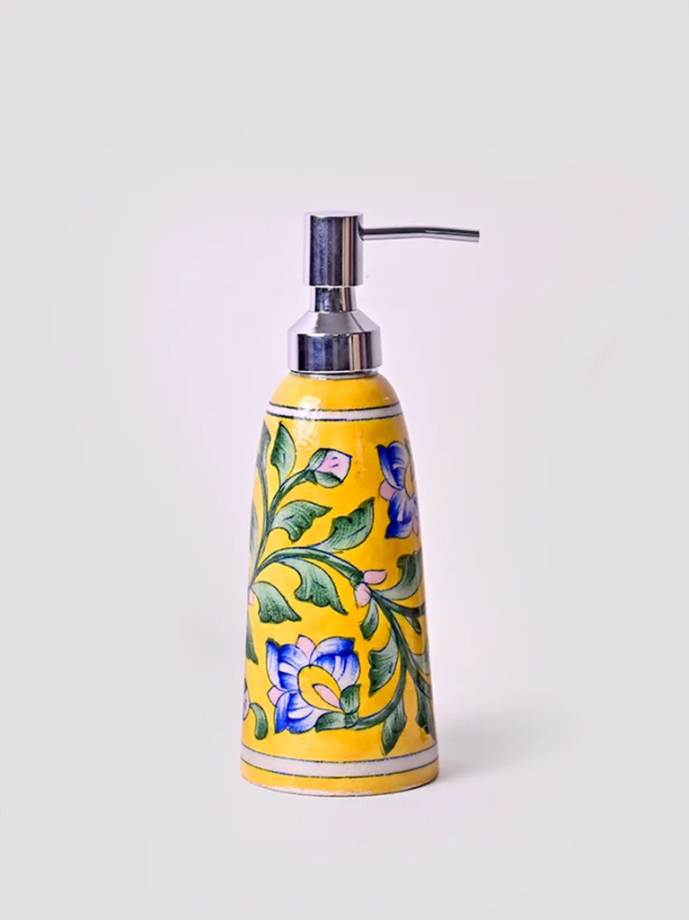 Handcrafted yellow floral soap dispenser